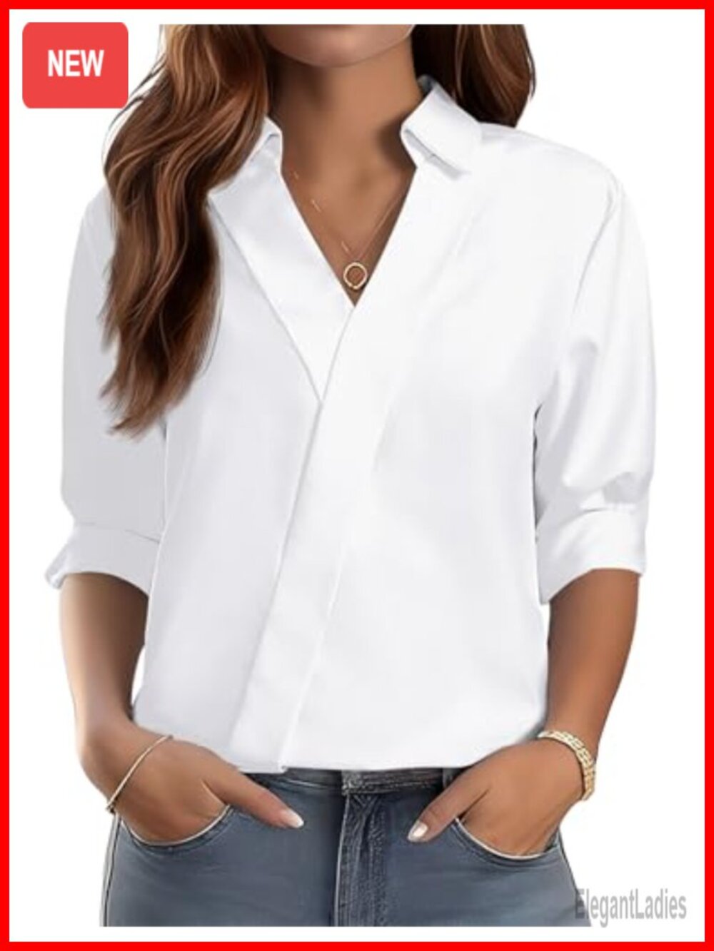 LOMON Women's 3/4 Sleeve V Neck Collared Dress Shirt Business Casual Blouse